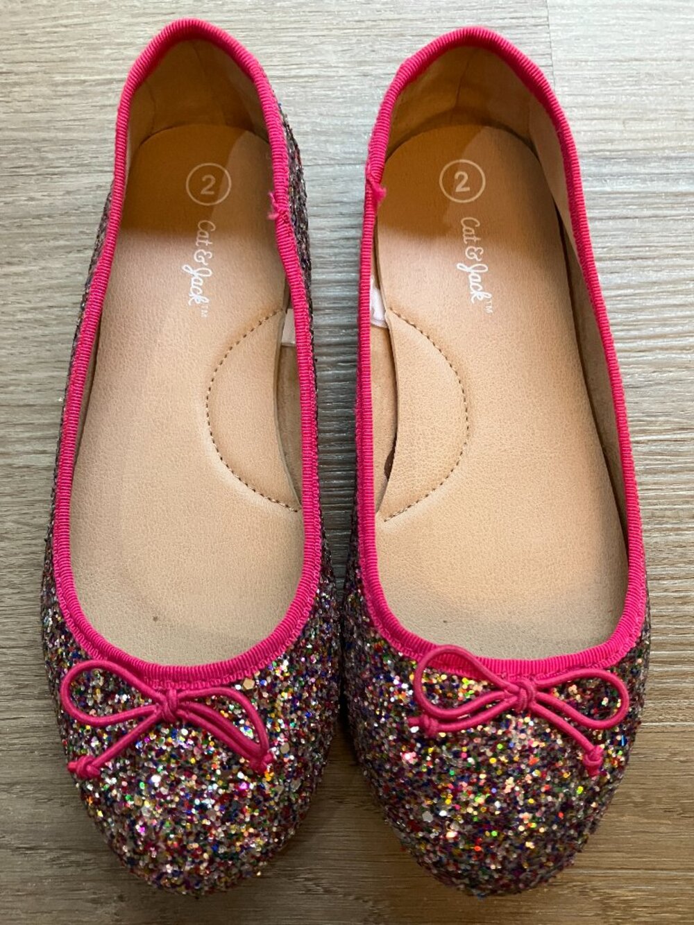 2 Cat & Jack Girls Rainbow Sparkle Pink Bow Ballet Flats